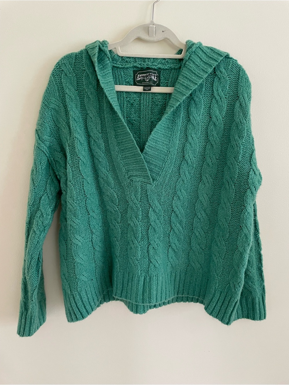 American Eagle Women's Cable-Knit Hooded Sweater Green XS
